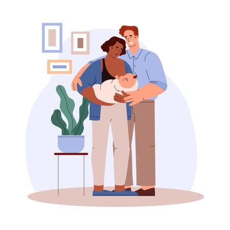 Standing smiling woman breastfeeding baby, man hug family flat styleのイラスト素材
