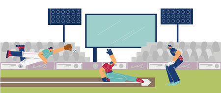 Sport stadium field with baseball players catching ball, vector illustration.のイラスト素材