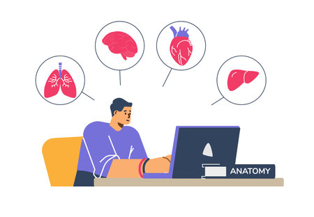 Medical student studying medicine online flat vector illustration isolated.のイラスト素材