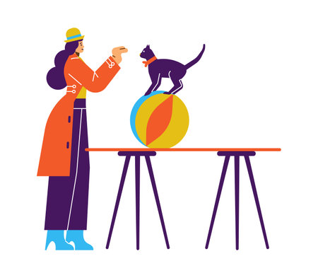 Circus performance with trained cat on ball, cartoon flat vector illustration isolated on whit background.のイラスト素材