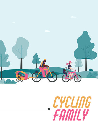 Cycling family card with people traveling by bike flat vector illustration.のイラスト素材