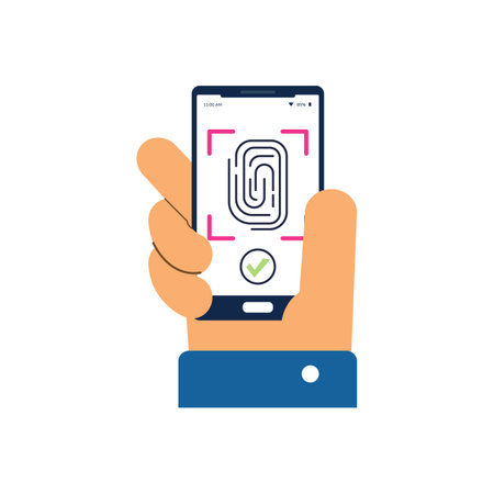 Hand holding mobile phone with fingerprint scanner on screen flat styleのイラスト素材