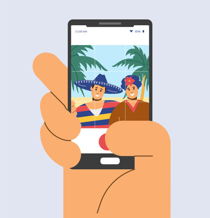 Vector illustration of mobile phone in hand with picture of Mexican couple in national costumes, pancho on background of palmsのイラスト素材