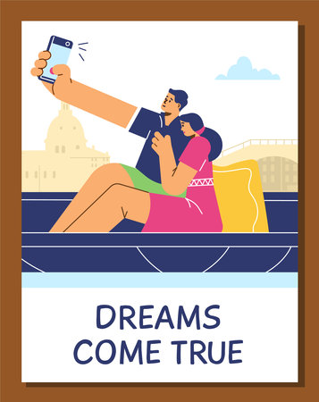 Vector illustration of young couple sailing on gondola, boat, taking selfie against of the architecture of Venice, Dreams come trueのイラスト素材