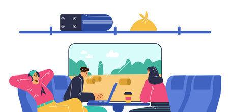 Vector illustration of people are sitting in subway train on comfortable chairs, using a laptop, listen to headphones, enjoyingのイラスト素材