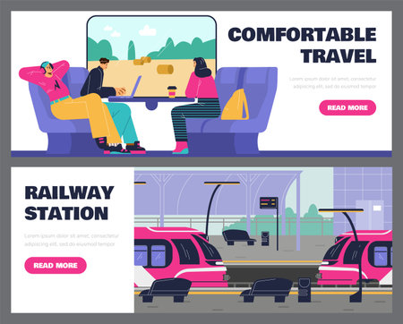 Vector set of banners people are sitting inside subway train on comfortable chairs, Railway station and platform with scheduleのイラスト素材