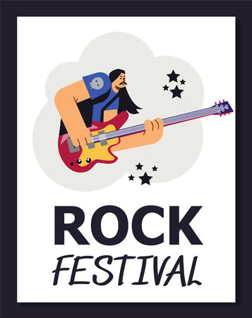Rock festival advertising poster, man playing guitar, flat vector illustration.のイラスト素材