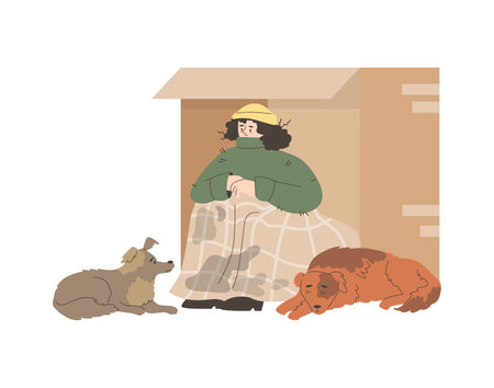 Sad homeless person with stray dogs, flat vector illustration isolated on white background.のイラスト素材