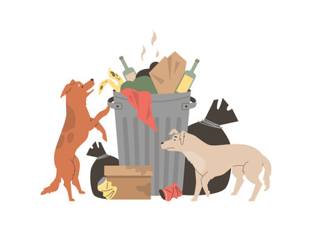 Stray dogs digging in trash flat style, vector illustrationのイラスト素材