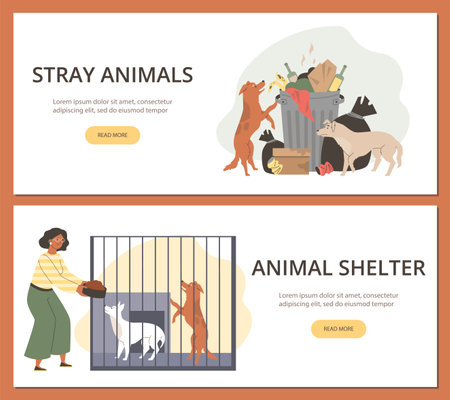 Rehabilitation or adoption shelter for stray dogs banners, vector illustration.のイラスト素材