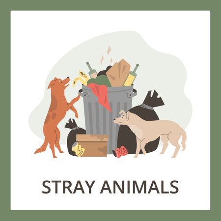 Hungry stray dogs looking for food in garbage bins, poster template - flat vector illustration.のイラスト素材