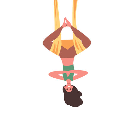 Woman performs asana on canvases or hammock for aerial yoga, vector isolated.のイラスト素材
