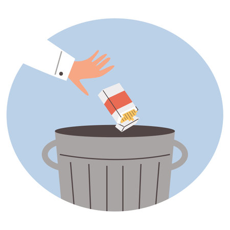 Human hand throwing pack of cigarettes into trash can flat styleのイラスト素材