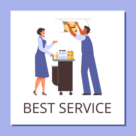 Airlines services banner with flight attendants, flat vector illustration.のイラスト素材