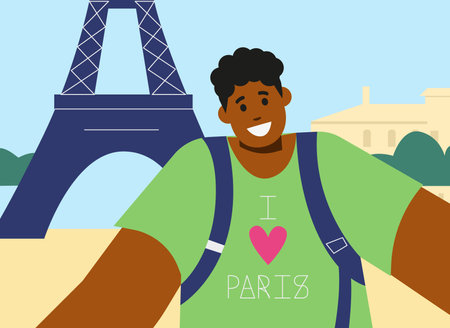 Selfie of man in front of Eiffel tower in Paris, France - flat vector illustration.のイラスト素材