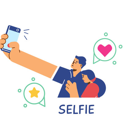 Couple taking selfie with mobile phone, flat vector illustration isolated on white background.のイラスト素材