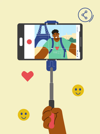 Hand holding selfie stick, man taking photo in front of Eiffel tower in Paris, France - flat vector illustration.のイラスト素材