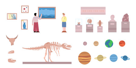 Set of archeology museum exhibits and visitors flat vector illustration isolated.のイラスト素材