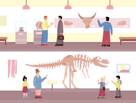 Interior paleontology museum with visitors of exhibition skeleton fossil animalsのイラスト素材