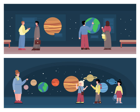 Set backgrounds with visitors of planetarium, flat cartoon vector illustration.のイラスト素材