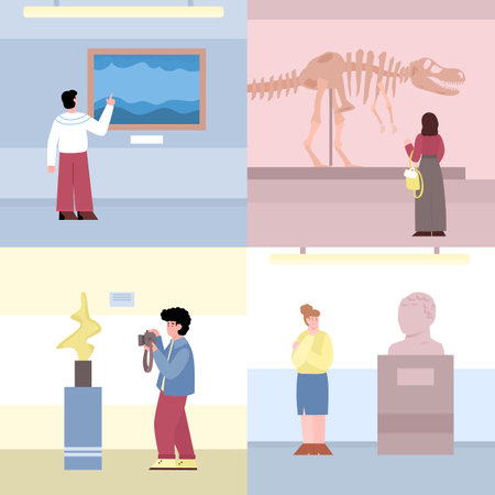 Art and history museum visitors look at exhibition, flat vector illustration.のイラスト素材