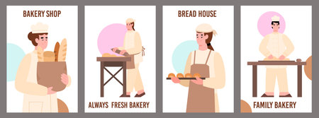 Bakery shop and bread house banner or poster collection flat vector illustration.のイラスト素材