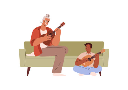 Man playing ukulele together with child, flat vector illustration isolated on white background.のイラスト素材