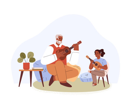 Vector isolated illustration of black gray-haired man with beard teaches to play on ukulele, small guitar little girl in cozy roomのイラスト素材