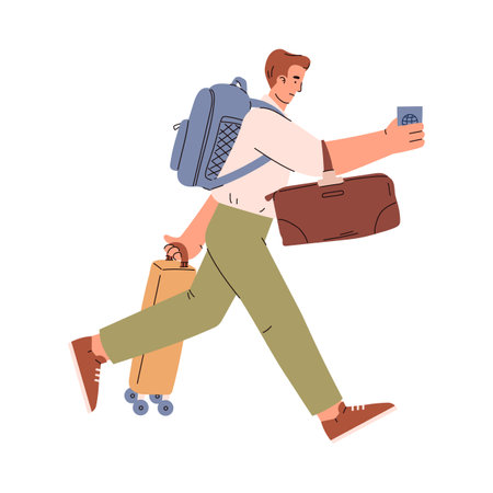 Running man with suitcases, backpack and passport flat styleのイラスト素材