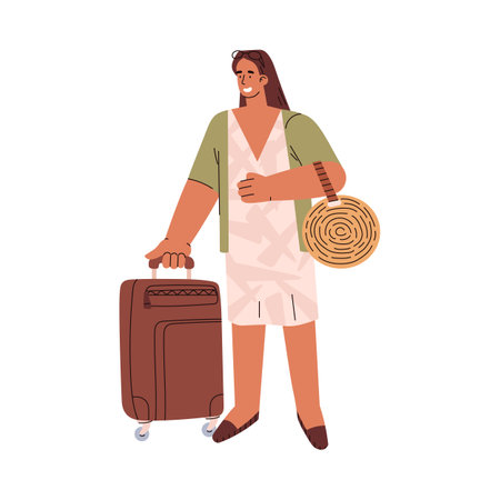 Happy woman standing with suitcase flat style, vector illustrationのイラスト素材