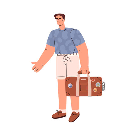 Smiling man holding suitcase flat style, vector illustrationのイラスト素材