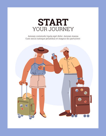 Poster or vertical banner with people holding suitcases and airplane tickets flat styleのイラスト素材