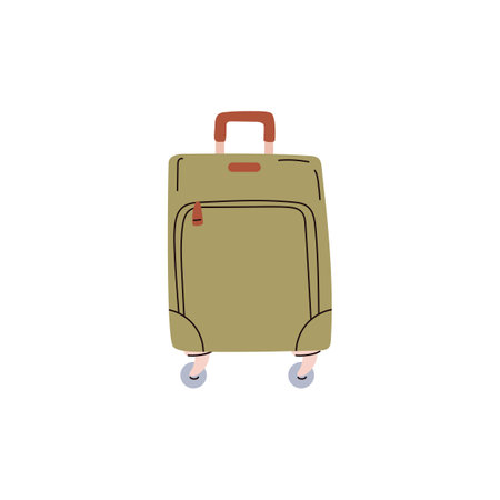 Wheeled travel suitcase with handle and wheels flat vector illustration isolated.のイラスト素材