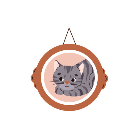 Cat portrait in hanging picture frame, flat vector illustration isolated on white background.のイラスト素材