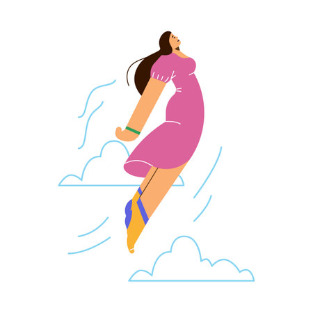 Vector isolated illustration of disproportionate woman in pink dress flies up, energetic girl excited in action, motion, with doodle cloudsのイラスト素材