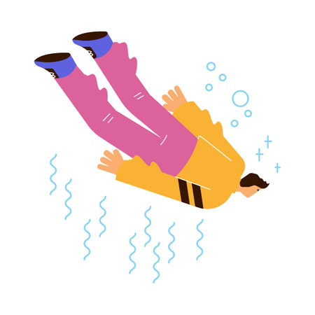 Man falling down, swimming or floating underwater, flat vector illustration isolated on white background.のイラスト素材