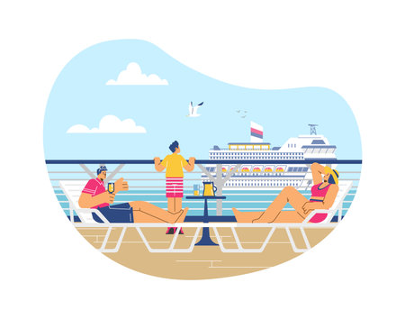 Banner with people traveling on tourist cruise ship vector illustration isolated.のイラスト素材