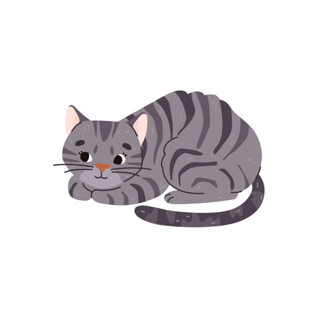 Domestic striped gray cat or kitten laying, flat vector illustration isolated.のイラスト素材