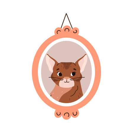 Portrait of purebred brown cat in oval frame, flat vector illustration isolated.のイラスト素材