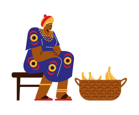 Old smiling African woman sitting with banana basket flat styleのイラスト素材