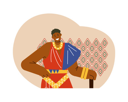 Happy young African man in traditional clothes with geometric ornaments flat styleのイラスト素材