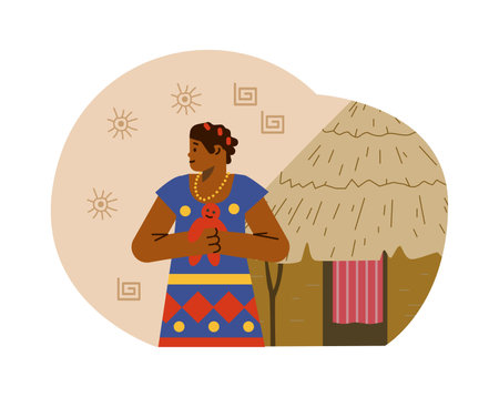 African child with toy at backdrop of hut, flat vector illustration isolated.のイラスト素材