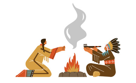 Native American Indian shaman with ceremonial pipe sitting by fire, flat vector illustration isolated on white.のイラスト素材