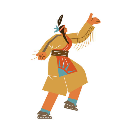 Woman dancing in traditional Native American clothes, flat vector illustration isolated on white background.のイラスト素材