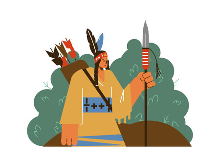 Native american warrior or hunter, tribe members in traditional Indian clothing with arrows, spear, Vector illustrationのイラスト素材