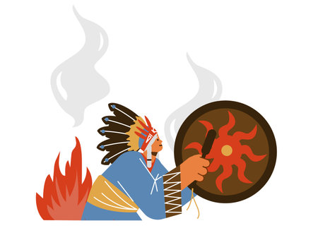 Vector isolated illustration of authentic Native American, Indian tribal shaman beats the drum and dancing near the fireのイラスト素材