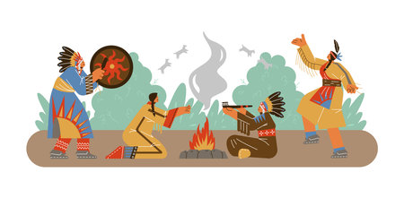 American Indians dancing and singing by the fire, flat vector illustration isolated on white background.のイラスト素材
