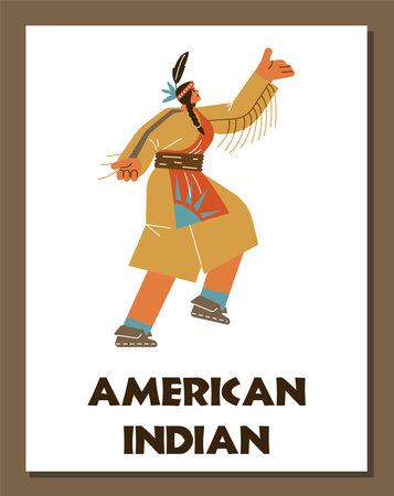 Native american woman dancing traditional tribal dance in Indian ethnic clothes with feather, Vector illustrationのイラスト素材