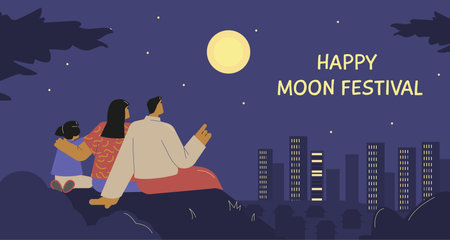 Vector cartoon landscape illustration Asian family watching the full moon at night on Happy moon festival with letteringのイラスト素材