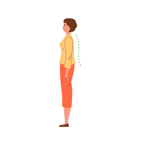 Happy standing woman with correct posture side view flat style, vector illustrationのイラスト素材